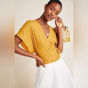 Anthropologie Current Air S Mindy Dolman Sleeve Wrap Top Animal Print Golden